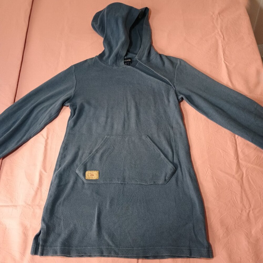 Ralph Lauren Girl XL Hoodie Midi Dress 2-Pocket Adj Zip Near Neck Navy Cotton